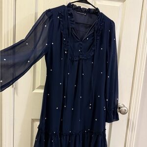 Elegant Navy Blue Polka Dot Dress